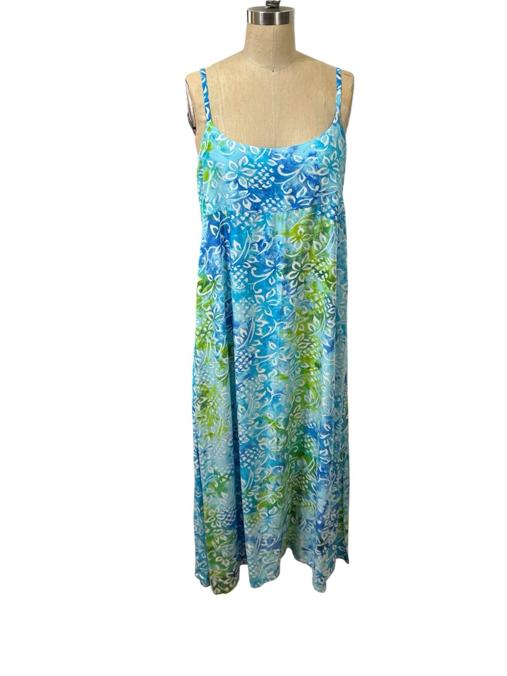 BLUE GINGER Blue Green Floral Maxi Dress with Spaghetti Straps size Medium rayon